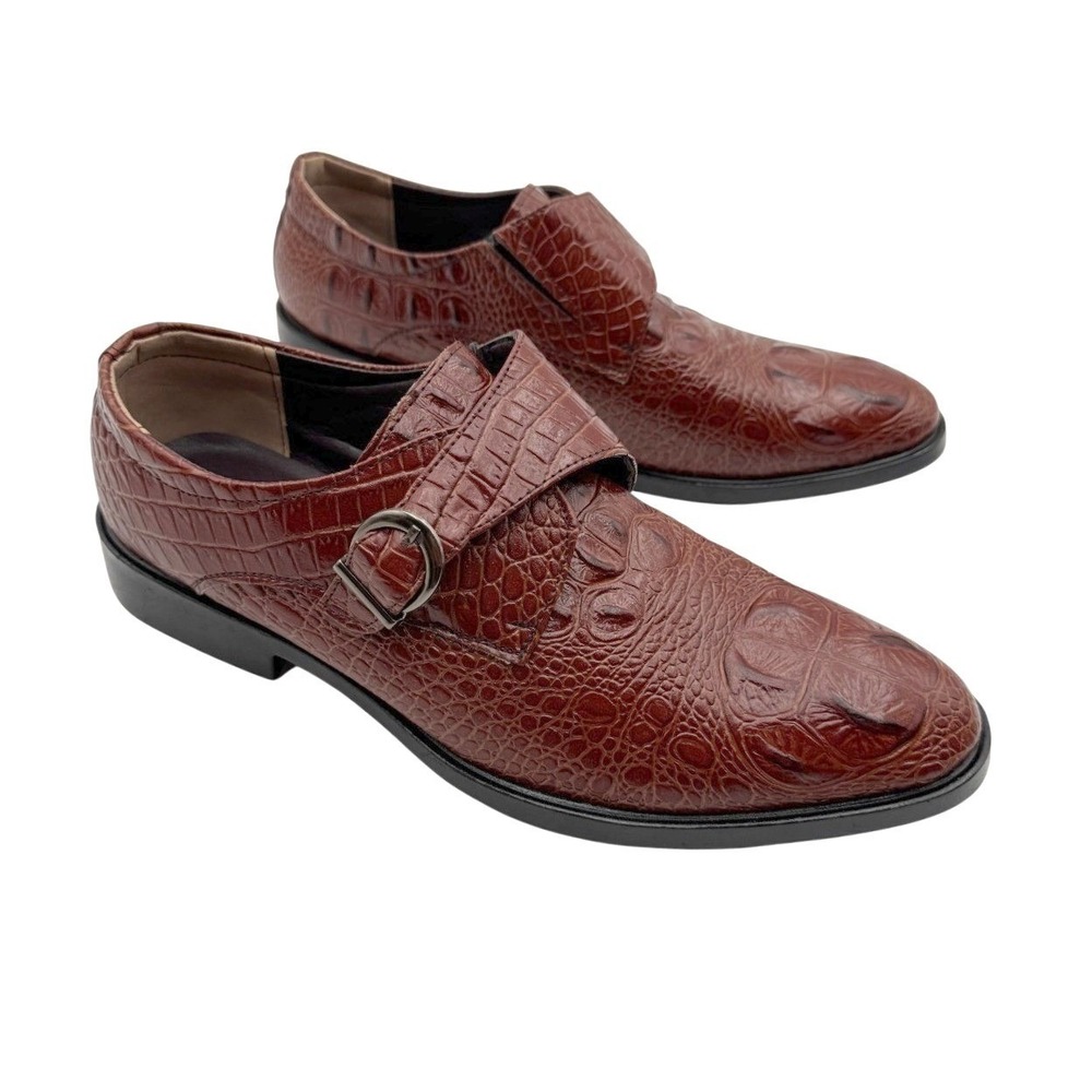 Men's Brown‎ Croc Embossed Monk Strap Dress Shoes EU 44 US 10-10.5 Faux Leather
